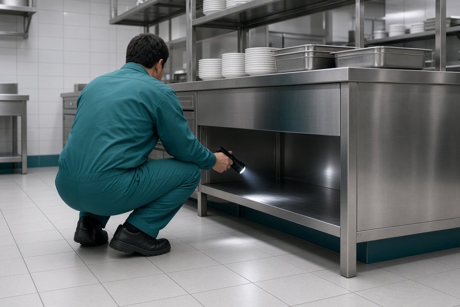 Technician inspecting a restaurant kitchen