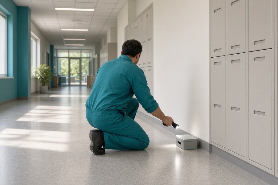 Technician checking a school hallway